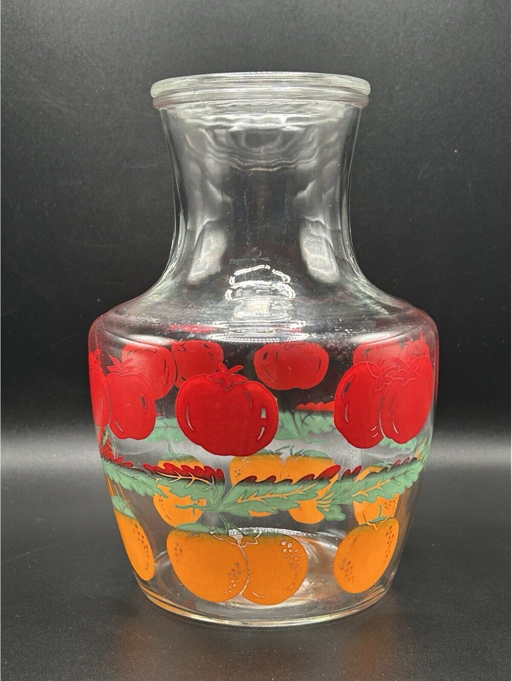 Vintage Anchor Hocking Juice Carafe w/ Original Lid Tomatoes & Oranges 1950’s